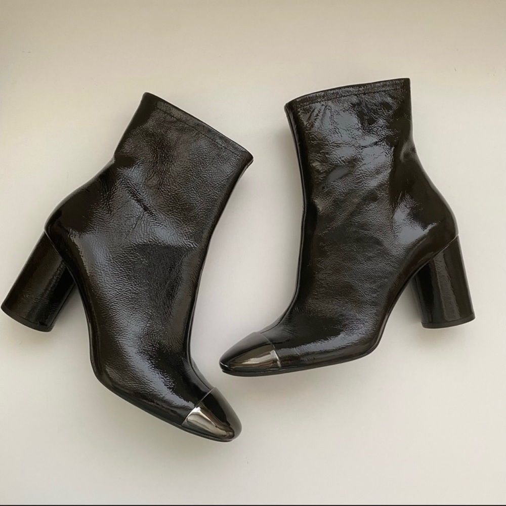 Zara || Black Shiny Leather Heel Boot with Metallic Round Toe Cap Wet Look SZ 40